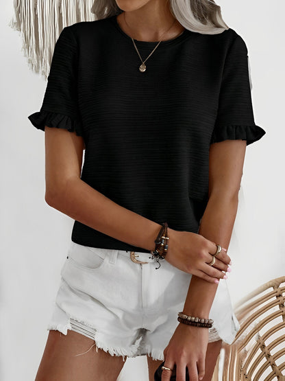Round Neck Ruffled Short Sleeve Textured Blouse