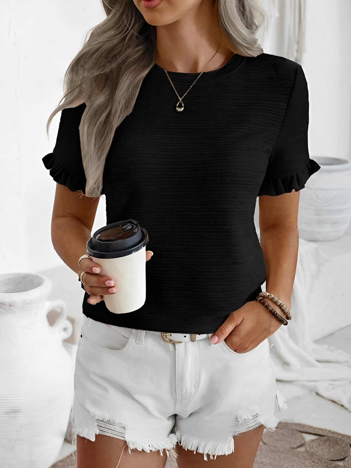 Round Neck Ruffled Short Sleeve Textured Blouse