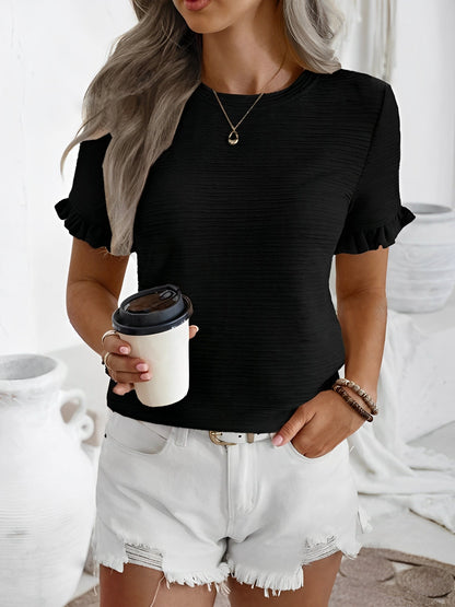 Round Neck Ruffled Short Sleeve Textured Blouse