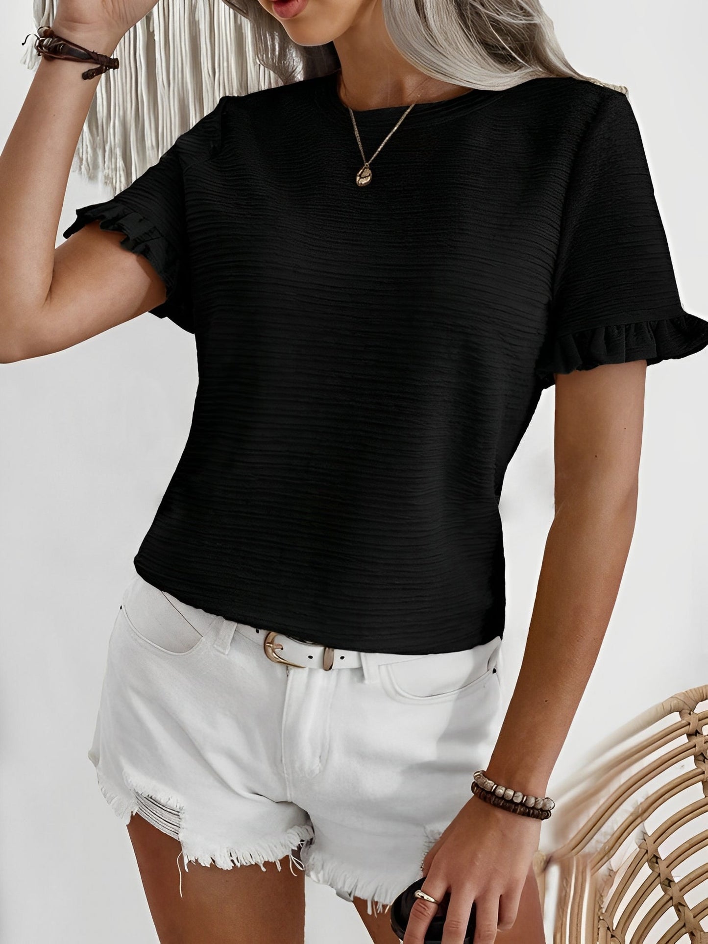 Round Neck Ruffled Short Sleeve Textured Blouse