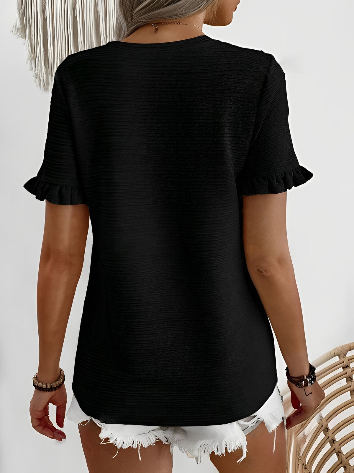 Round Neck Ruffled Short Sleeve Textured Blouse