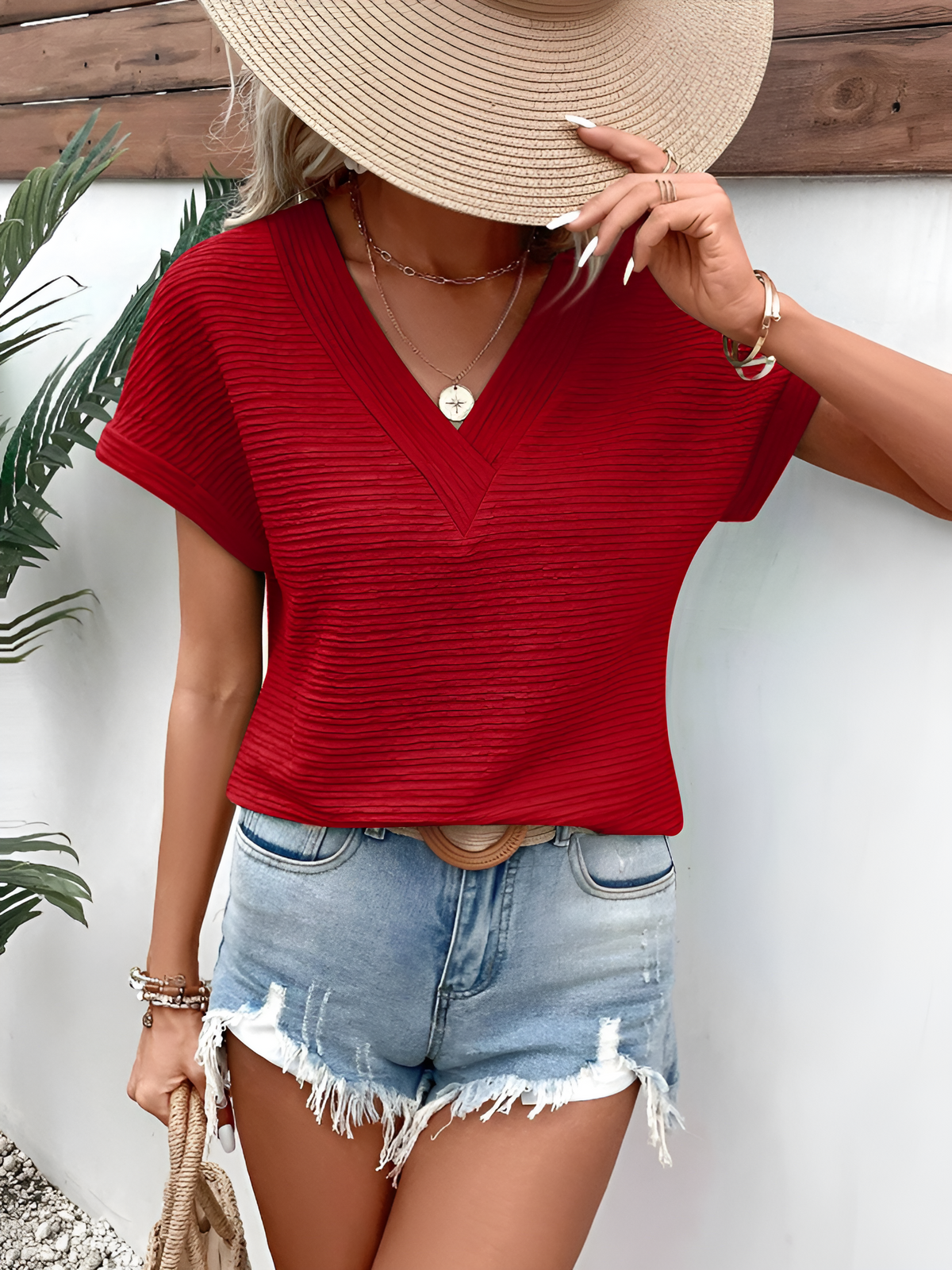 Textured V Neck Short Sleeve Solid Color Blouse