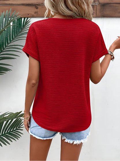 Textured V Neck Short Sleeve Solid Color Blouse