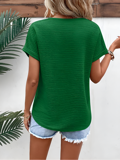 Textured V Neck Short Sleeve Solid Color Blouse