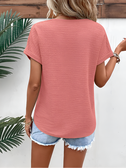 Textured V Neck Short Sleeve Solid Color Blouse