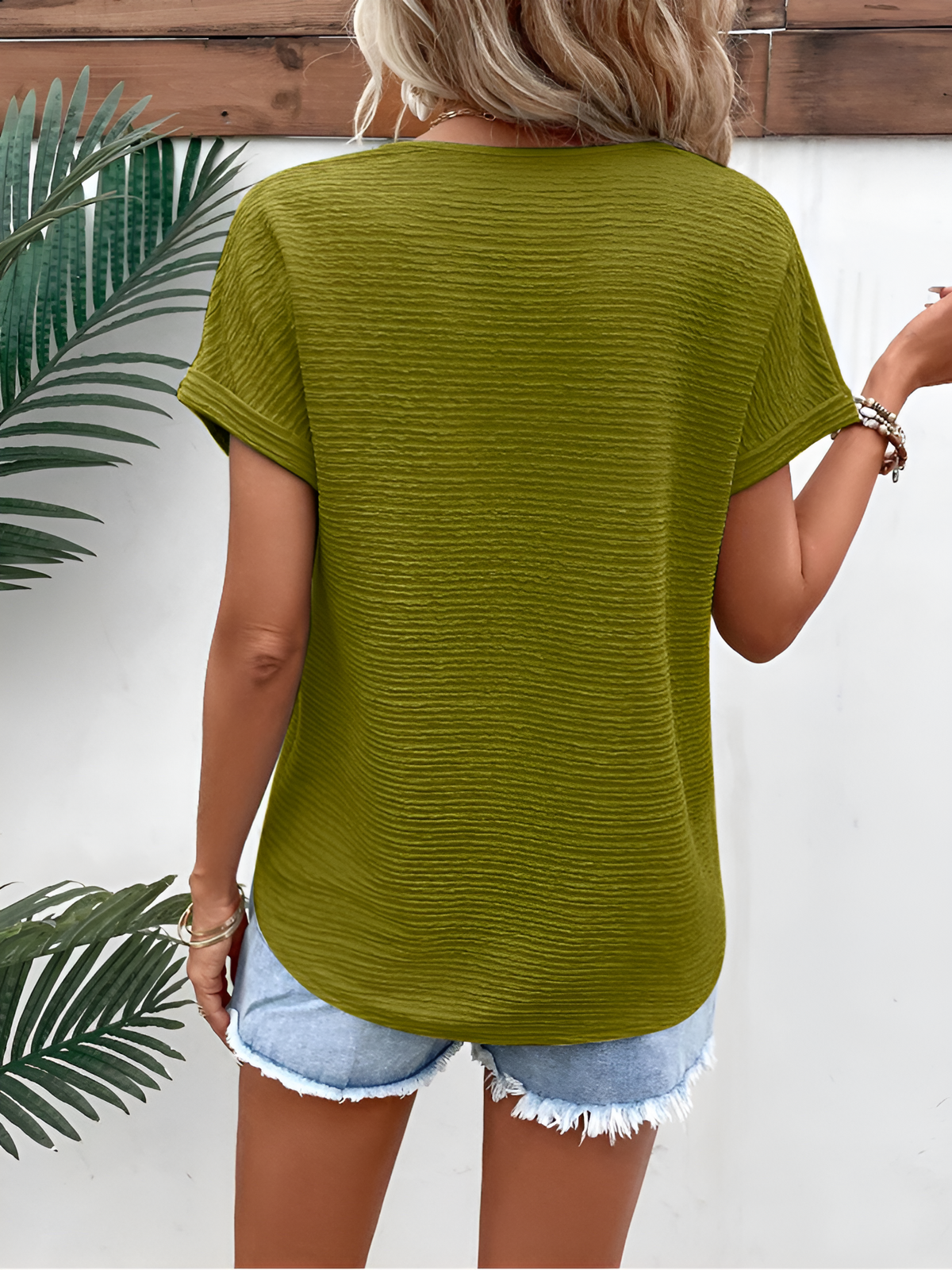 Textured V Neck Short Sleeve Solid Color Blouse