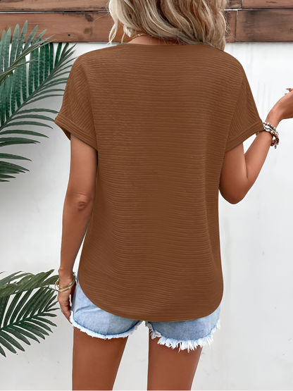 Textured V Neck Short Sleeve Solid Color Blouse