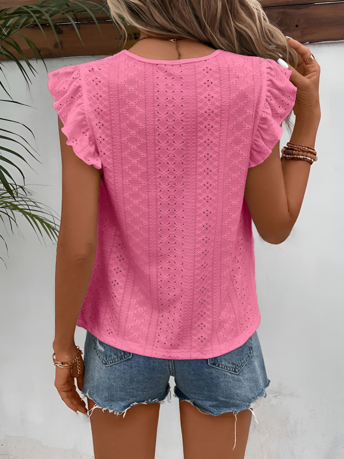Round Neck Ruffle Cap Sleeves Eyelet Casual Blouse