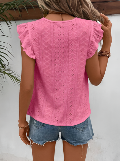 Round Neck Ruffle Cap Sleeves Eyelet Casual Blouse