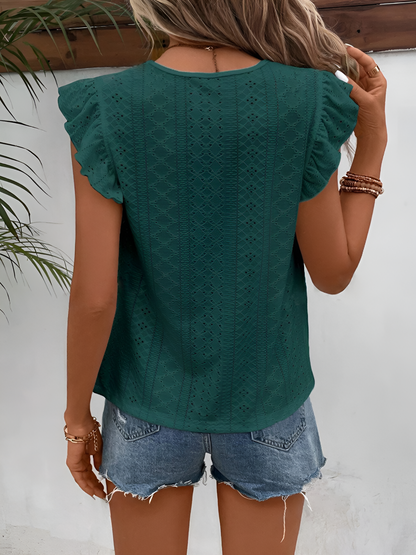 Round Neck Ruffle Cap Sleeves Eyelet Casual Blouse