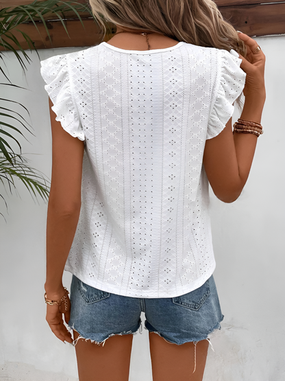 Round Neck Ruffle Cap Sleeves Eyelet Casual Blouse