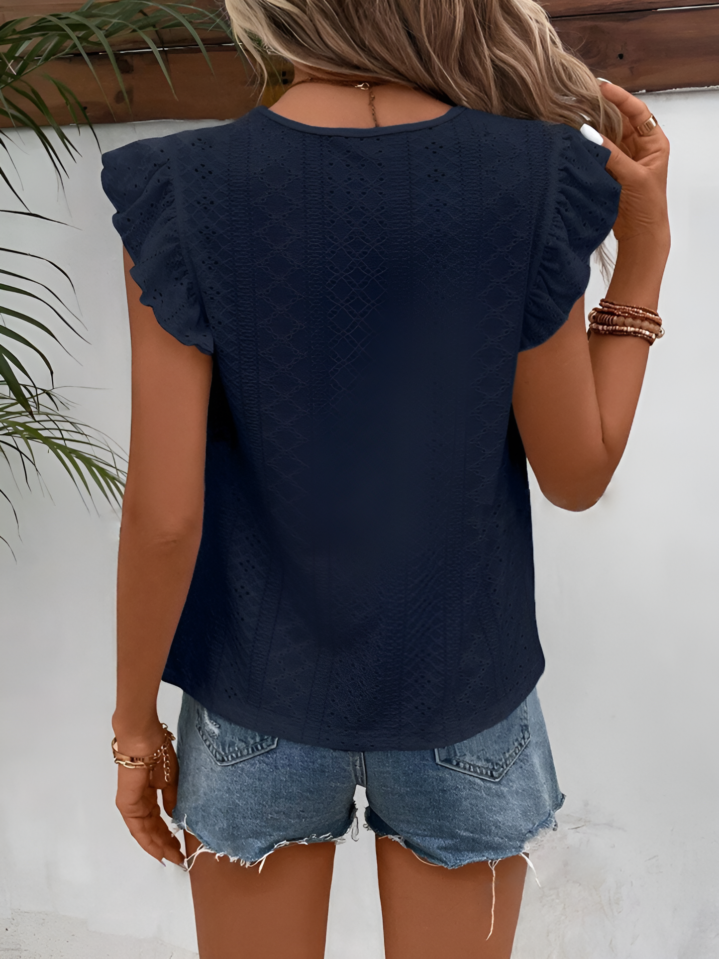 Round Neck Ruffle Cap Sleeves Eyelet Casual Blouse