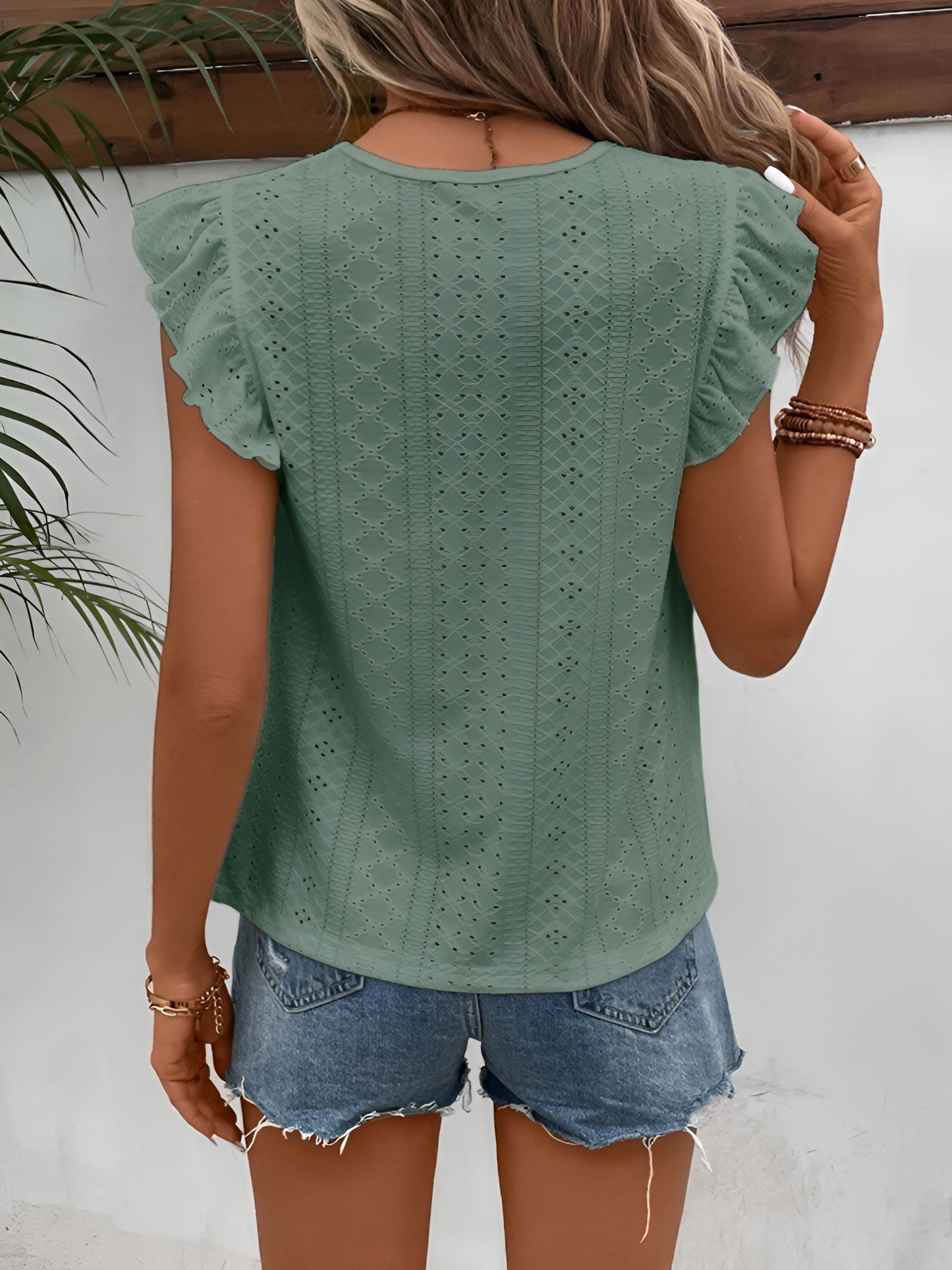Round Neck Ruffle Cap Sleeves Eyelet Casual Blouse