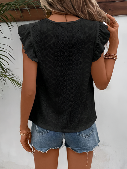 Round Neck Ruffle Cap Sleeves Eyelet Casual Blouse