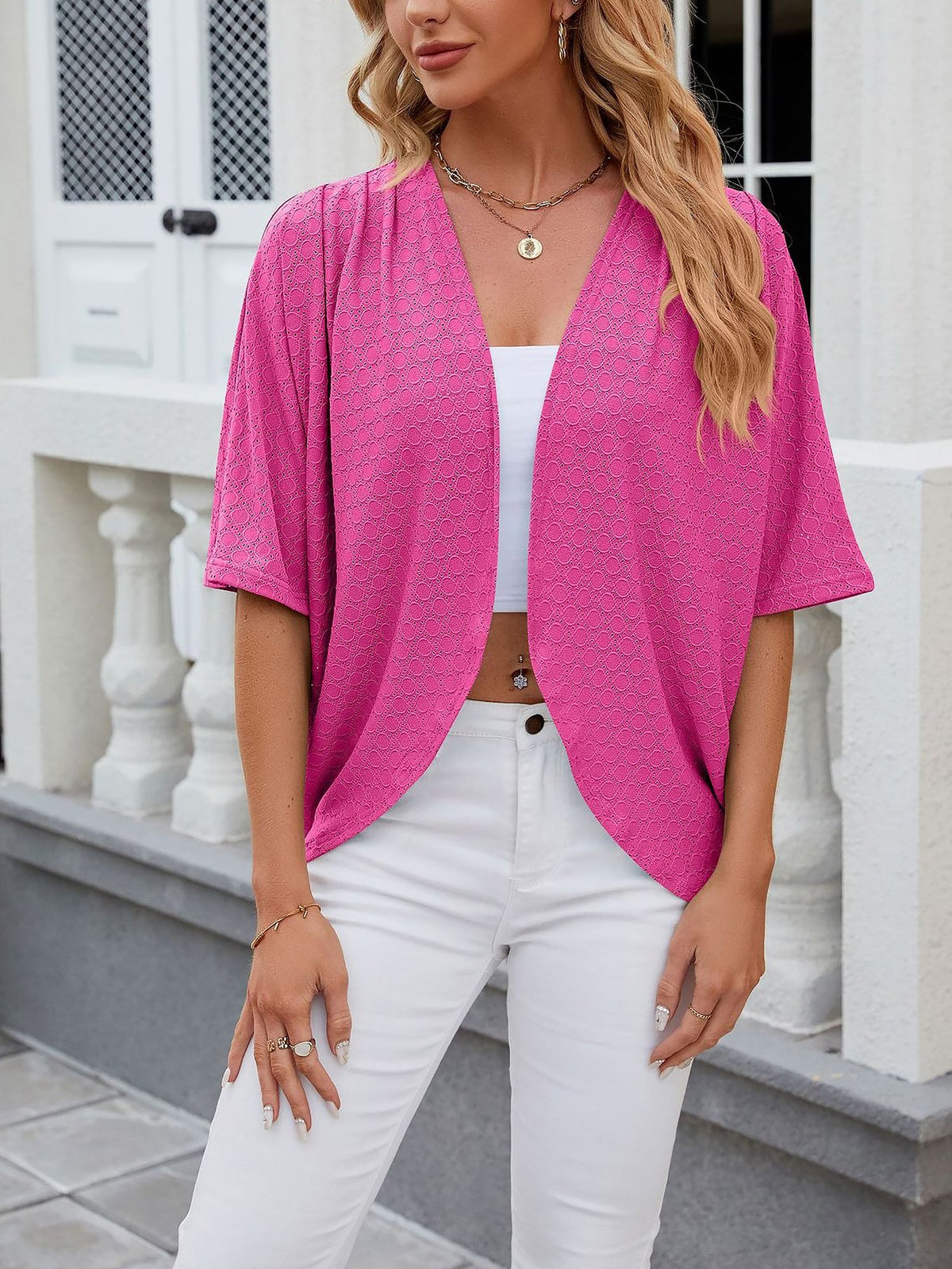 Solid Color Mid Sleeve Textured Open Front Jacket