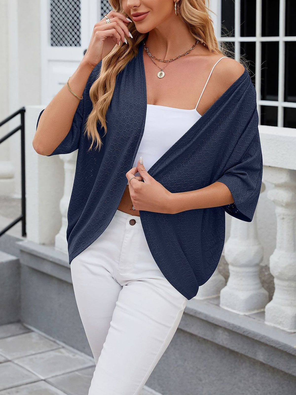 Solid Color Mid Sleeve Textured Open Front Jacket