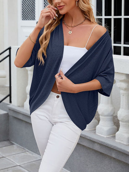 Solid Color Mid Sleeve Textured Open Front Jacket