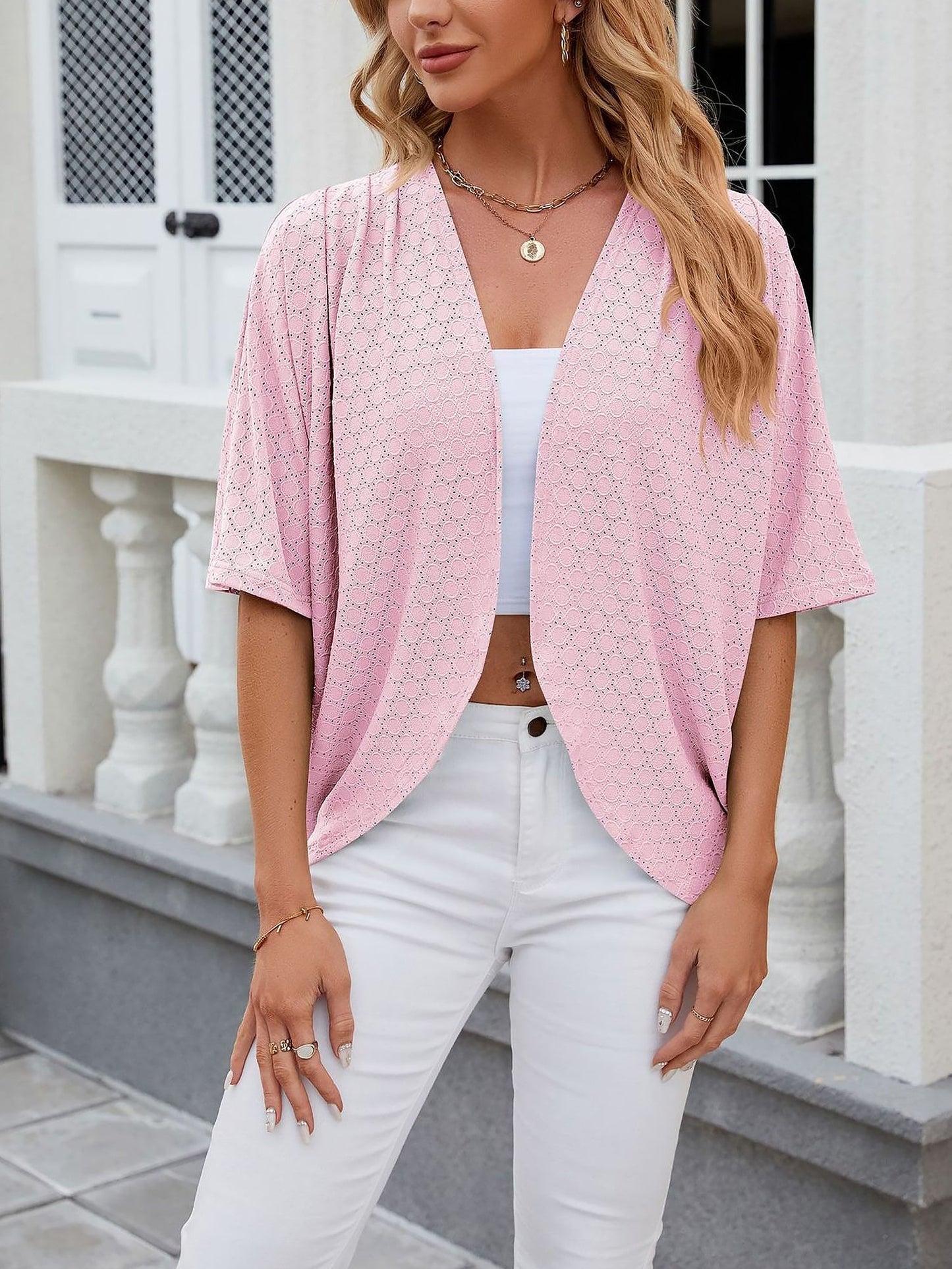 Solid Color Mid Sleeve Textured Open Front Jacket