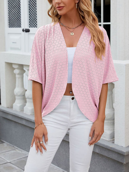 Solid Color Mid Sleeve Textured Open Front Jacket