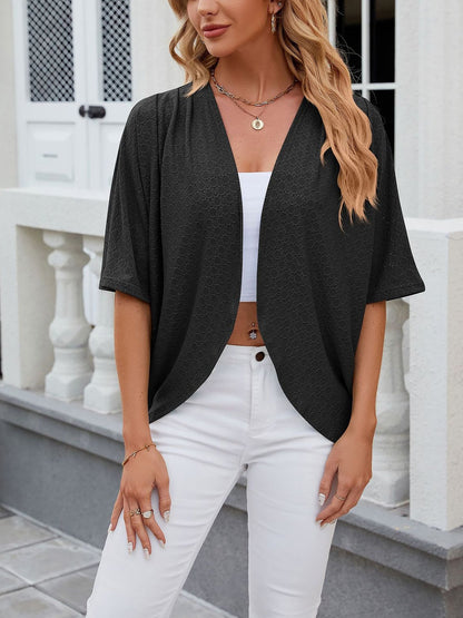 Solid Color Mid Sleeve Textured Open Front Jacket