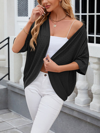 Solid Color Mid Sleeve Textured Open Front Jacket