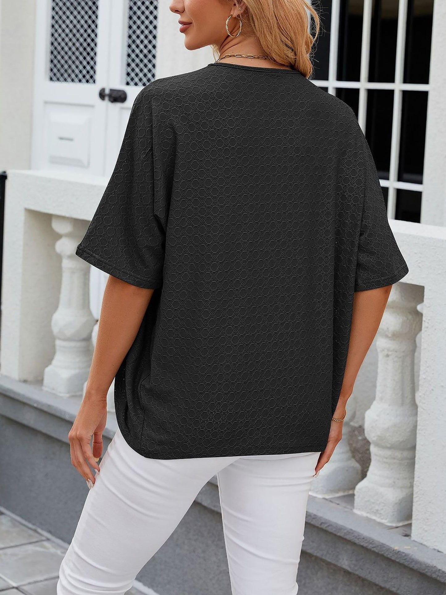 Solid Color Mid Sleeve Textured Open Front Jacket