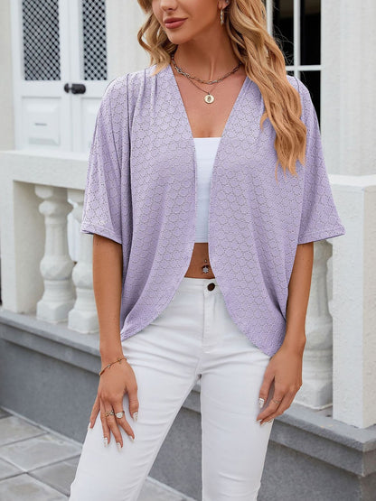 Solid Color Mid Sleeve Textured Open Front Jacket