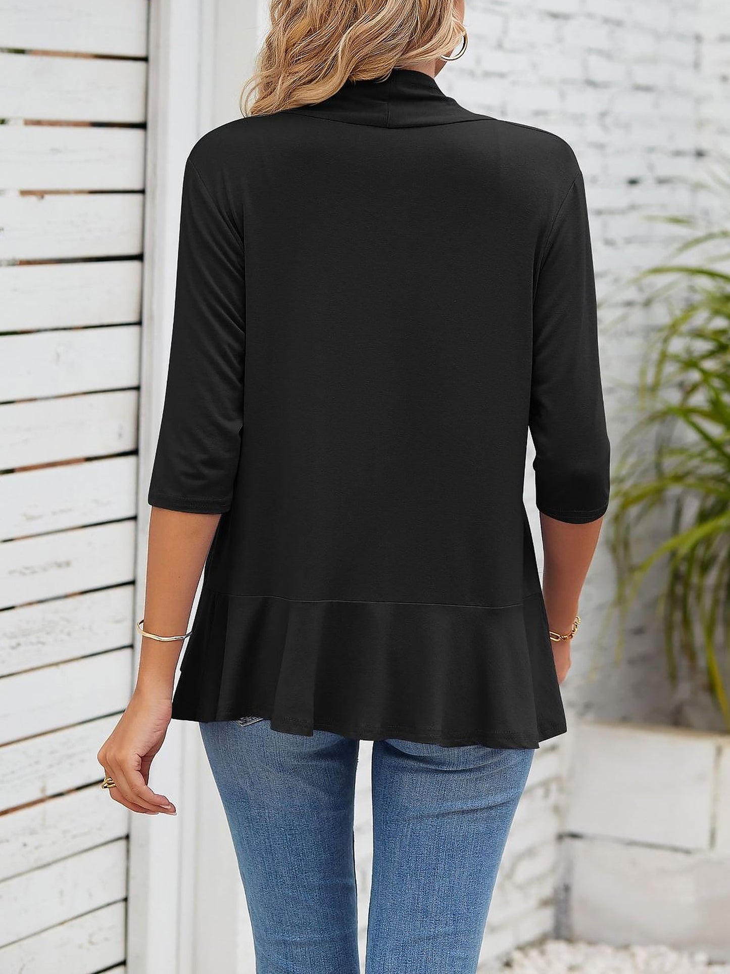 Solid Color Ruffled Hem 3/4 Sleeve Open Front Jacket