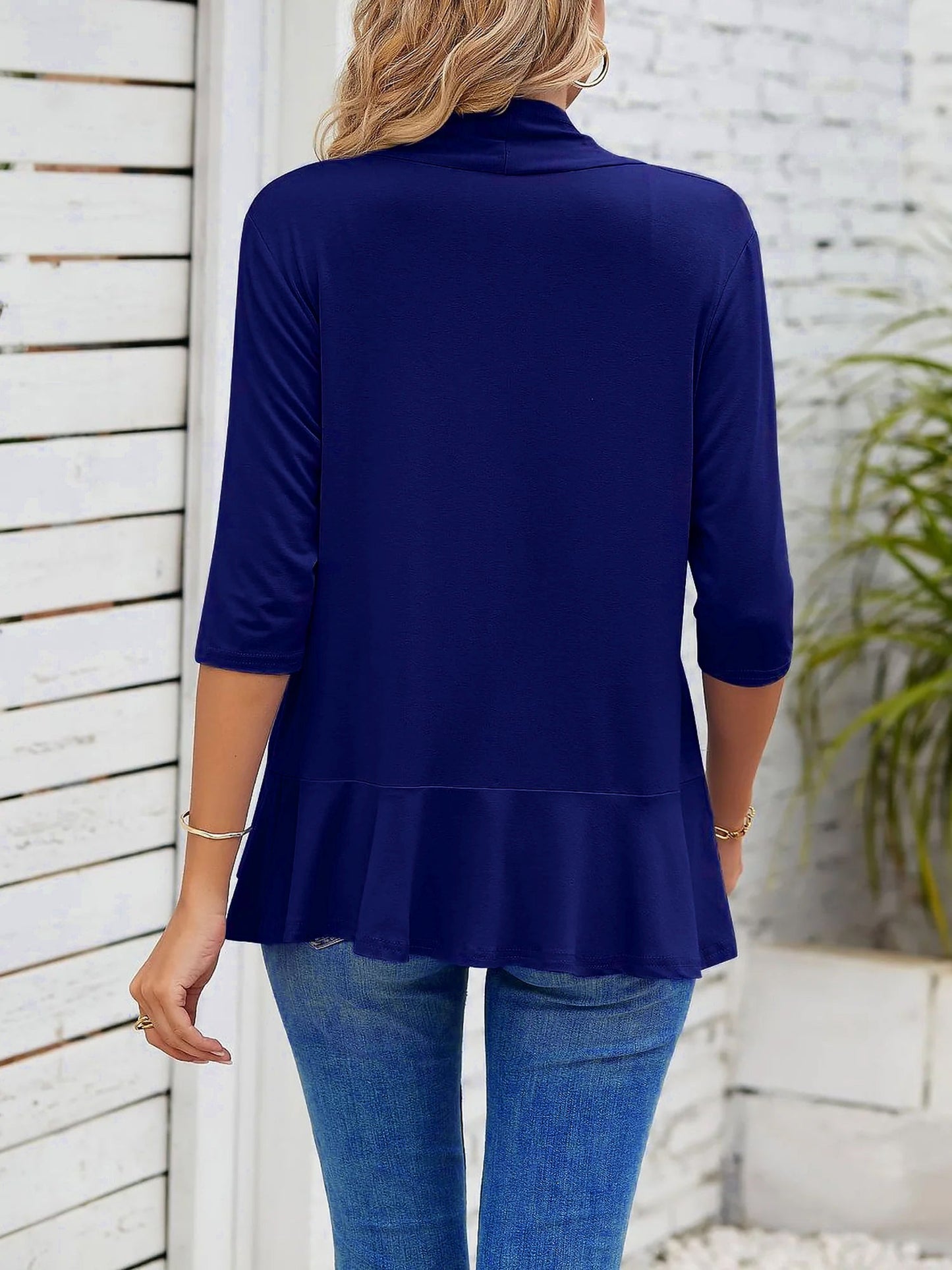Solid Color Ruffled Hem 3/4 Sleeve Open Front Jacket