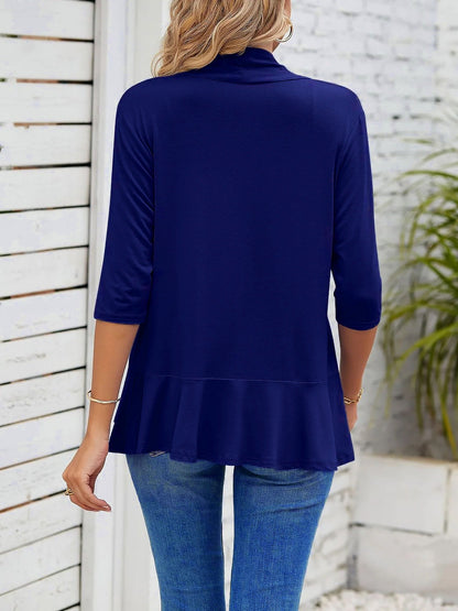 Solid Color Ruffled Hem 3/4 Sleeve Open Front Jacket
