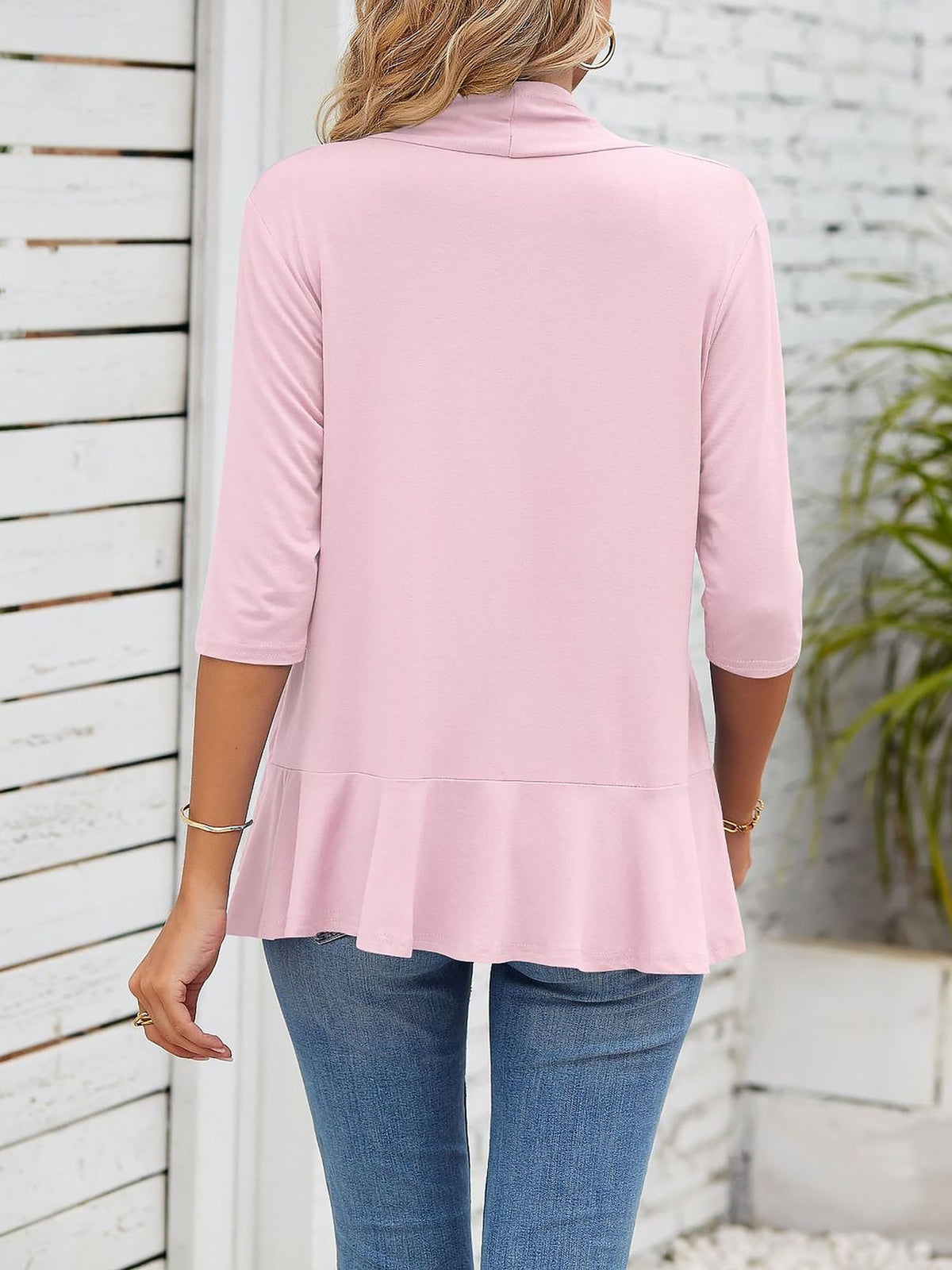 Solid Color Ruffled Hem 3/4 Sleeve Open Front Jacket