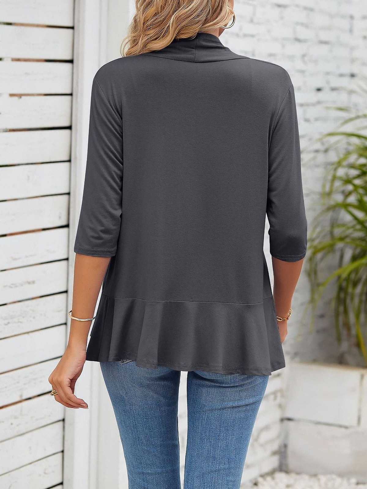 Solid Color Ruffled Hem 3/4 Sleeve Open Front Jacket