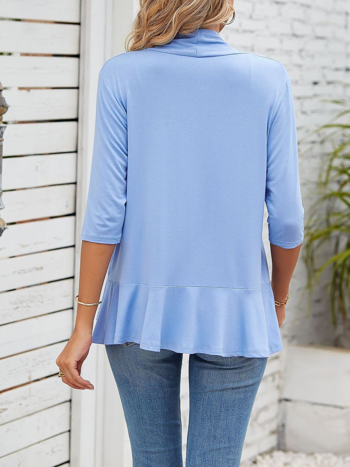 Solid Color Ruffled Hem 3/4 Sleeve Open Front Jacket