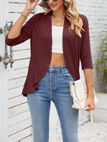 Solid Color Ruffled Hem 3/4 Sleeve Open Front Jacket