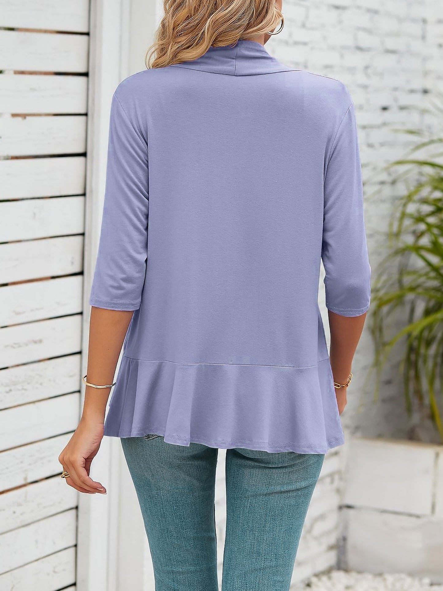 Solid Color Ruffled Hem 3/4 Sleeve Open Front Jacket