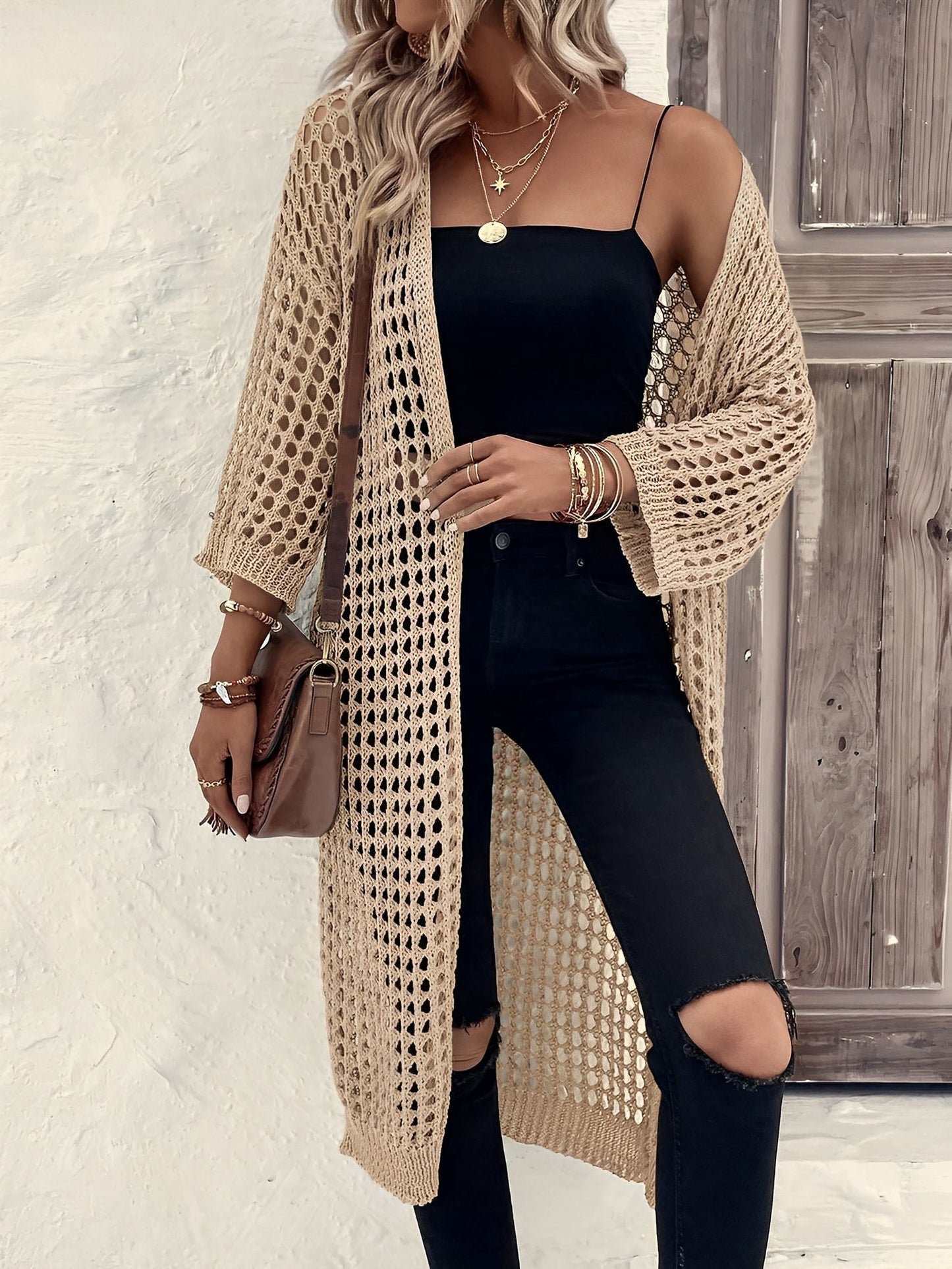 Hollow Knitted Mid-Length 3/4 Sleeves Open Front Jacket