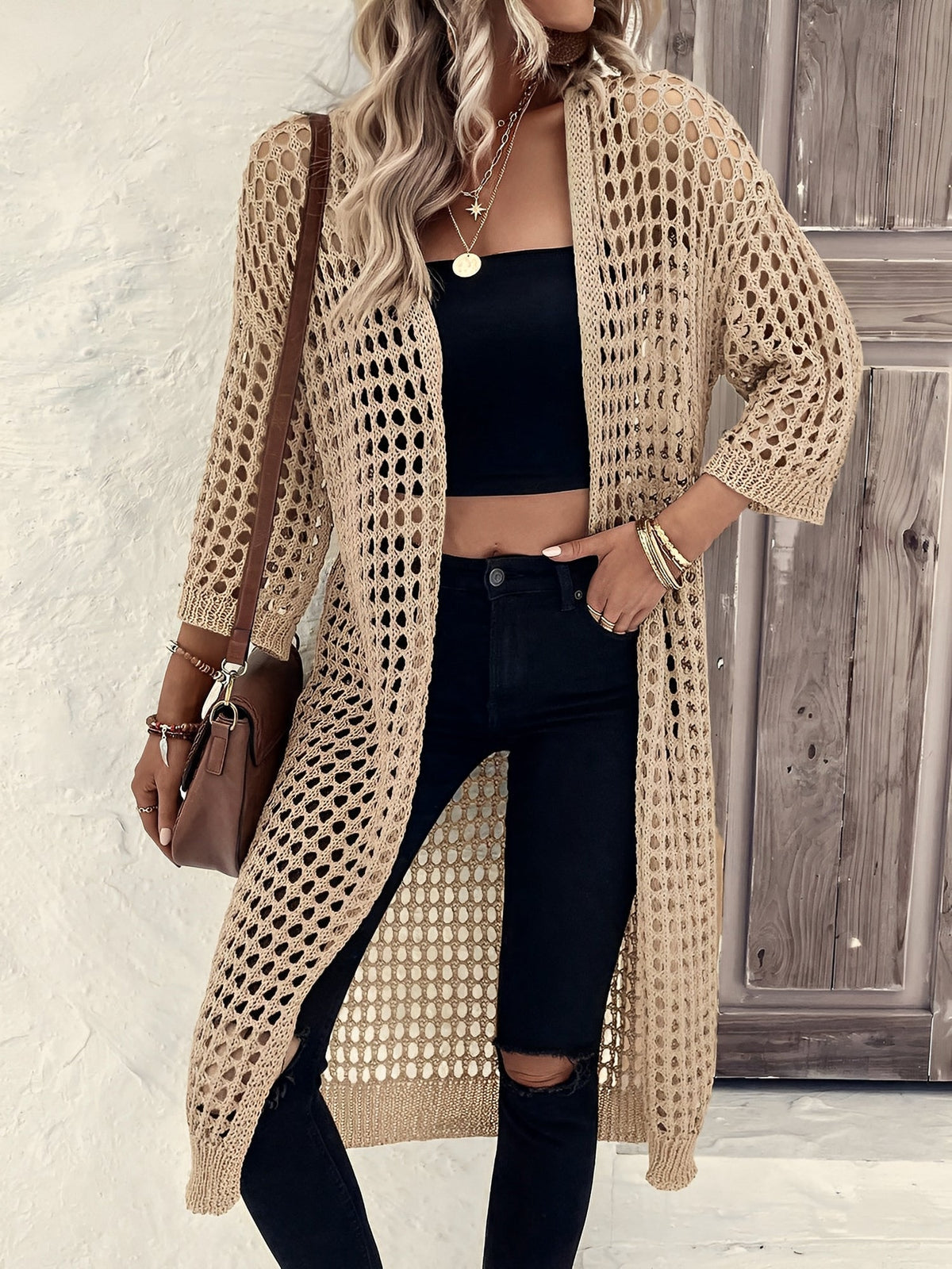 Hollow Knitted Mid-Length 3/4 Sleeves Open Front Jacket