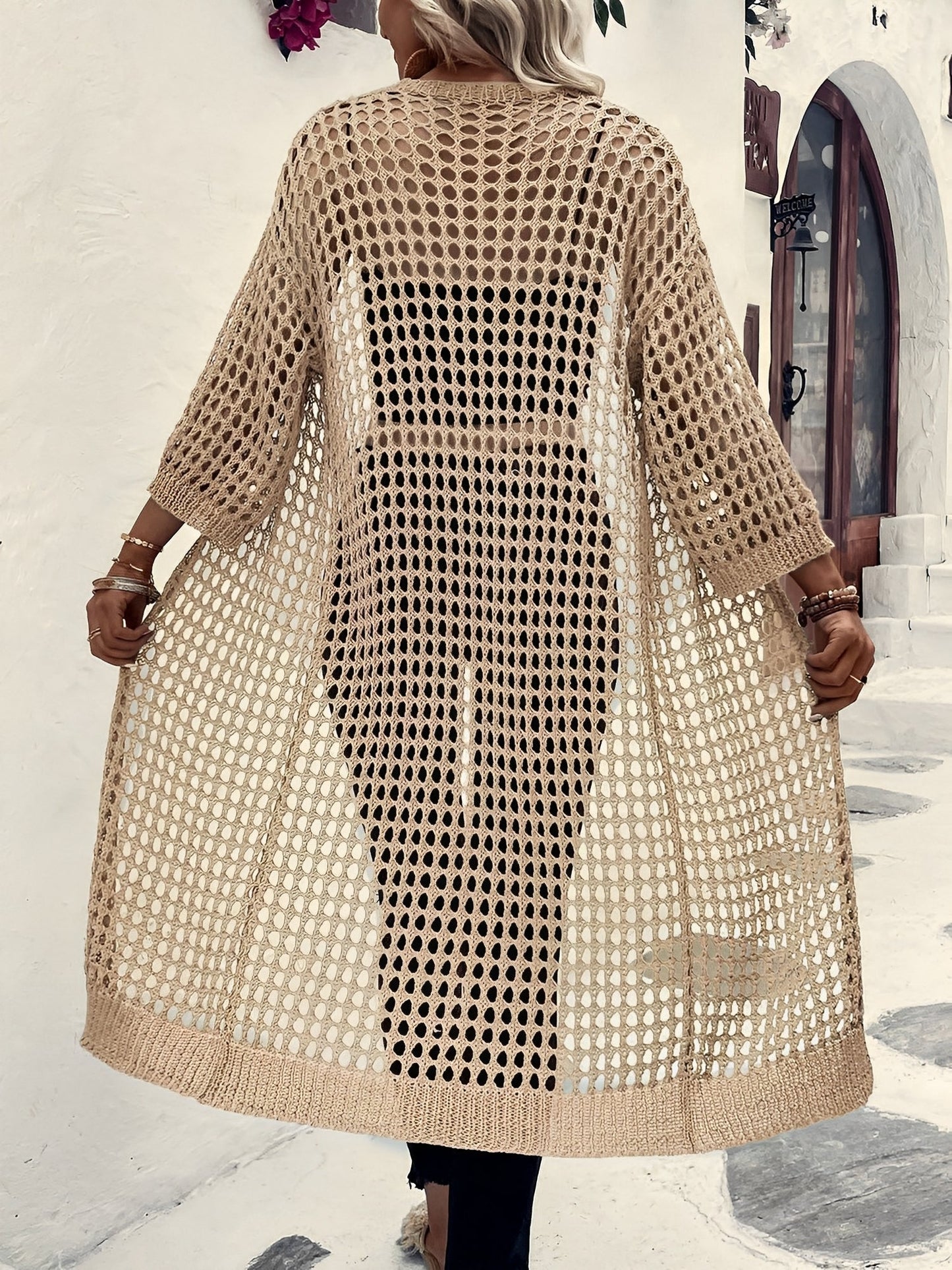 Hollow Knitted Mid-Length 3/4 Sleeves Open Front Jacket