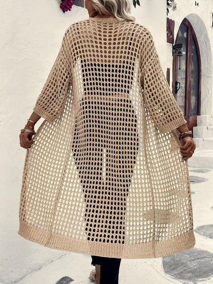 Hollow Knitted Mid-Length 3/4 Sleeves Open Front Jacket