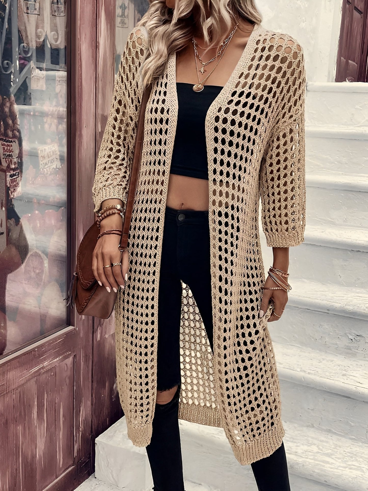 Hollow Knitted Mid-Length 3/4 Sleeves Open Front Jacket