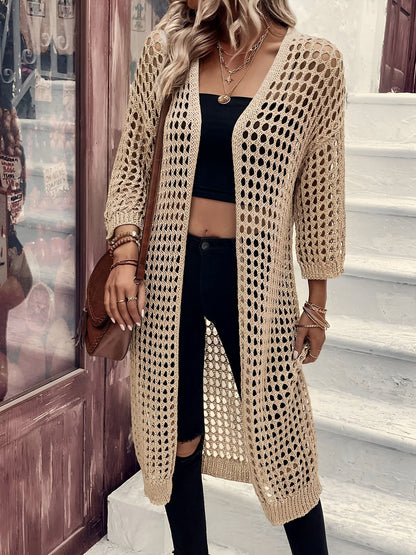 Hollow Knitted Mid-Length 3/4 Sleeves Open Front Jacket