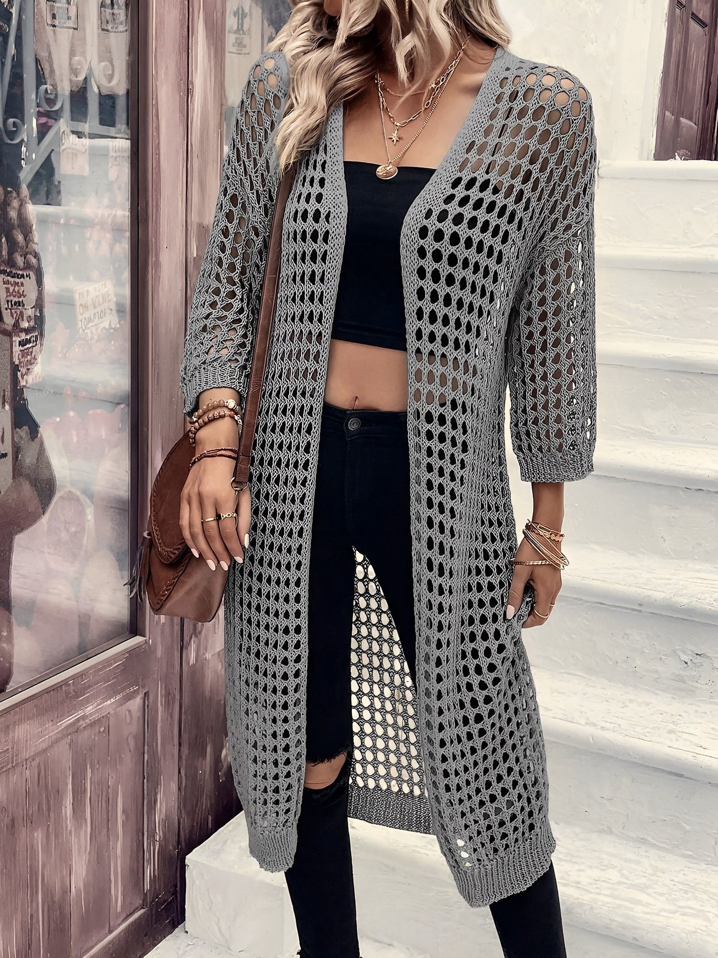 Hollow Knitted Mid-Length 3/4 Sleeves Open Front Jacket
