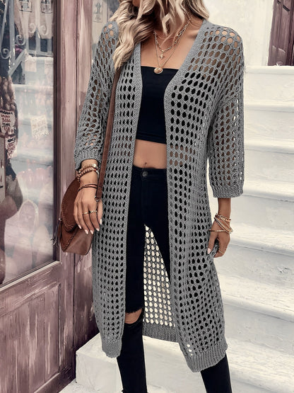 Hollow Knitted Mid-Length 3/4 Sleeves Open Front Jacket