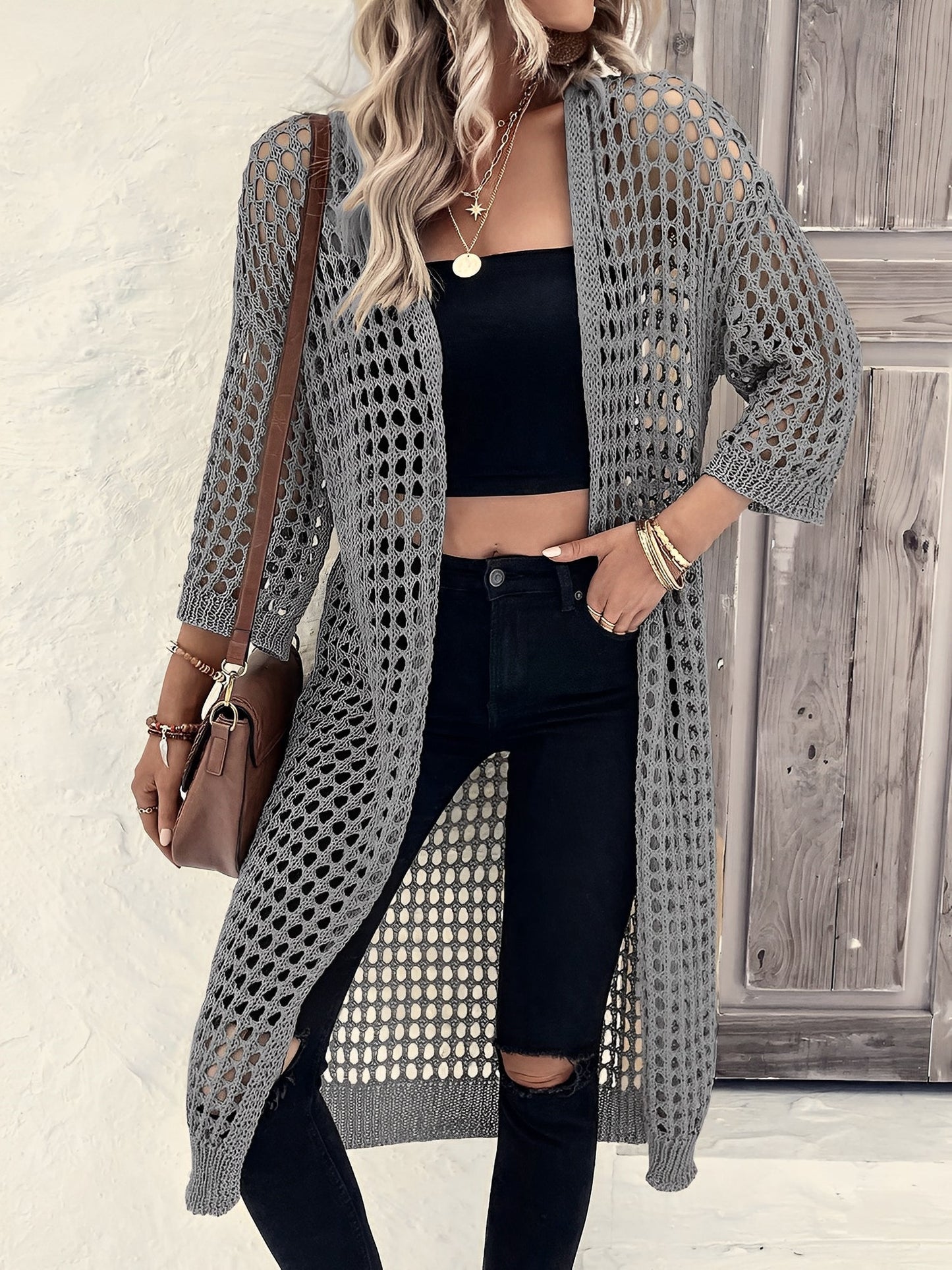 Hollow Knitted Mid-Length 3/4 Sleeves Open Front Jacket