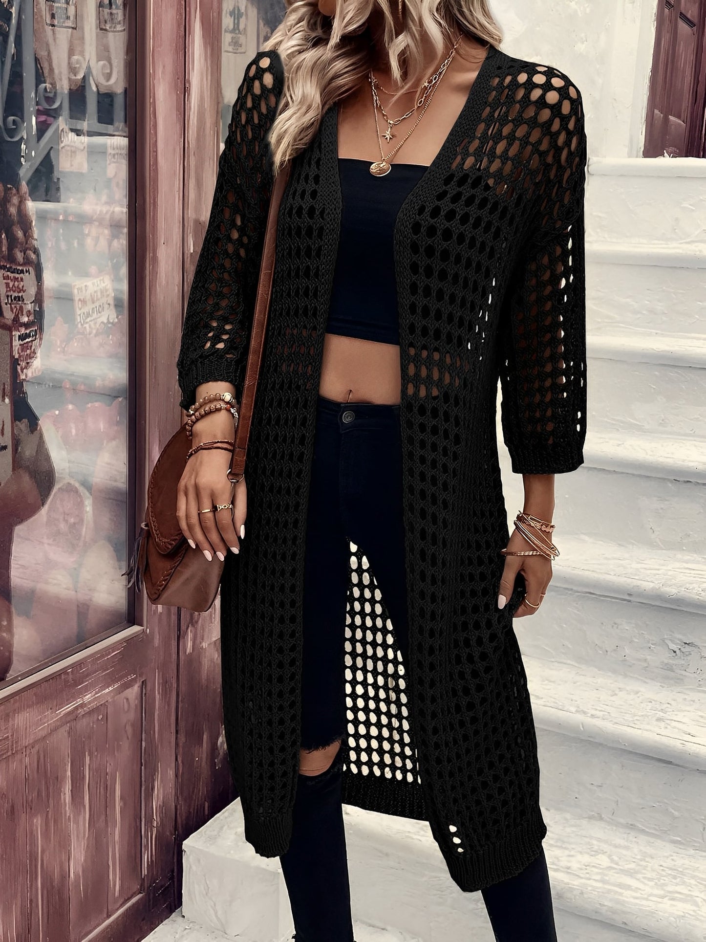 Hollow Knitted Mid-Length 3/4 Sleeves Open Front Jacket
