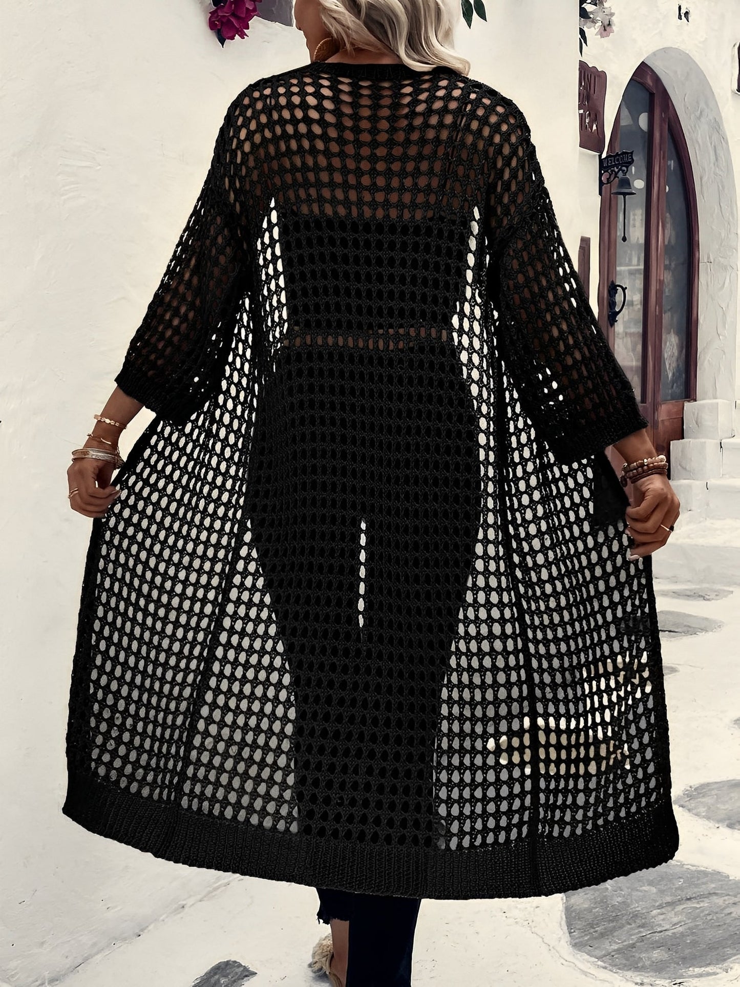 Hollow Knitted Mid-Length 3/4 Sleeves Open Front Jacket
