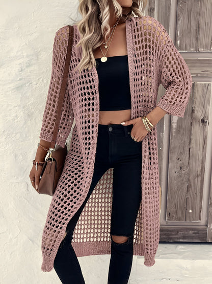 Hollow Knitted Mid-Length 3/4 Sleeves Open Front Jacket