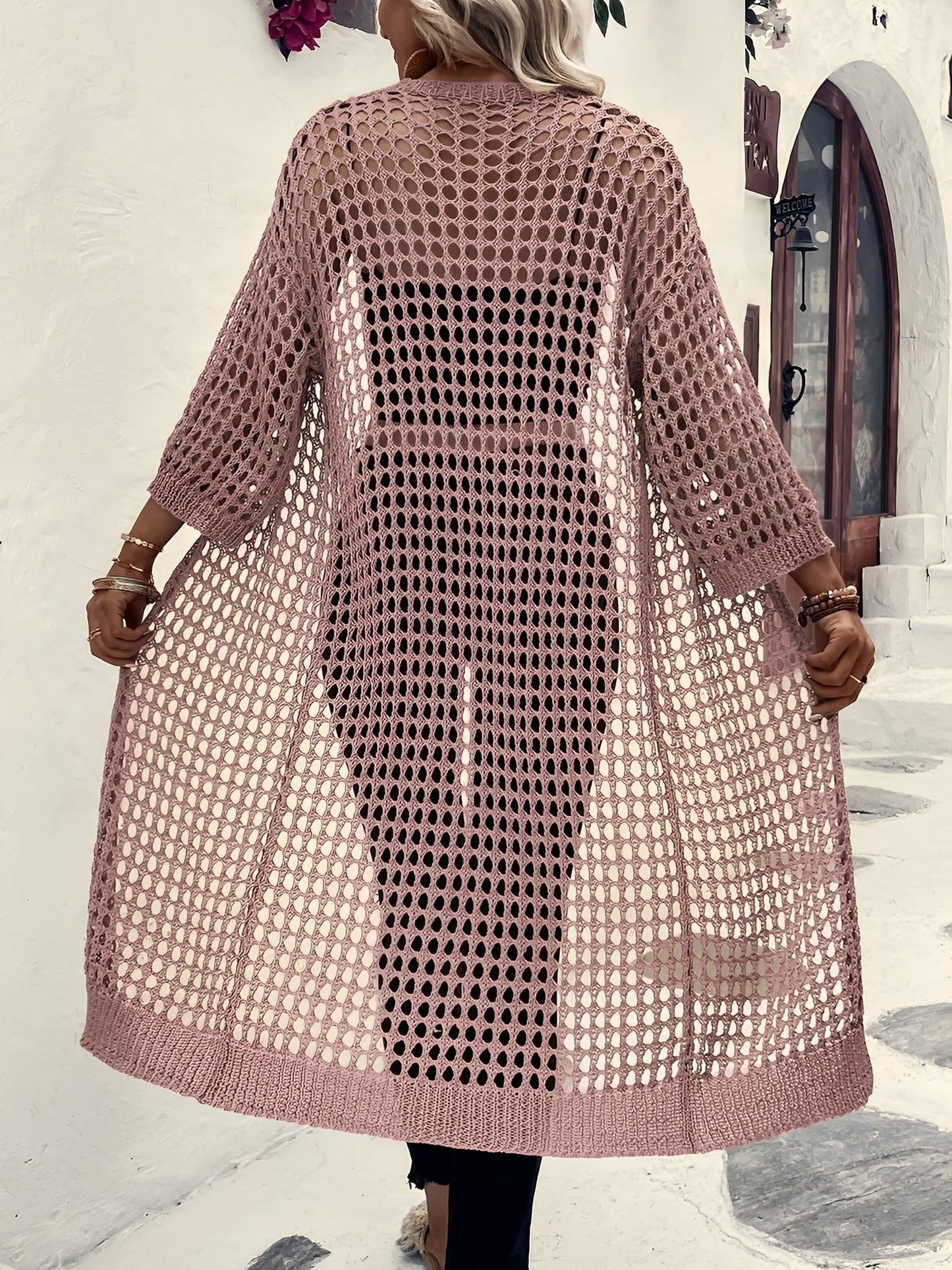 Hollow Knitted Mid-Length 3/4 Sleeves Open Front Jacket