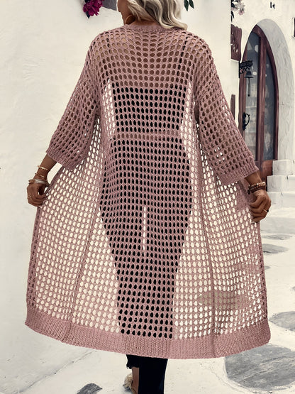 Hollow Knitted Mid-Length 3/4 Sleeves Open Front Jacket