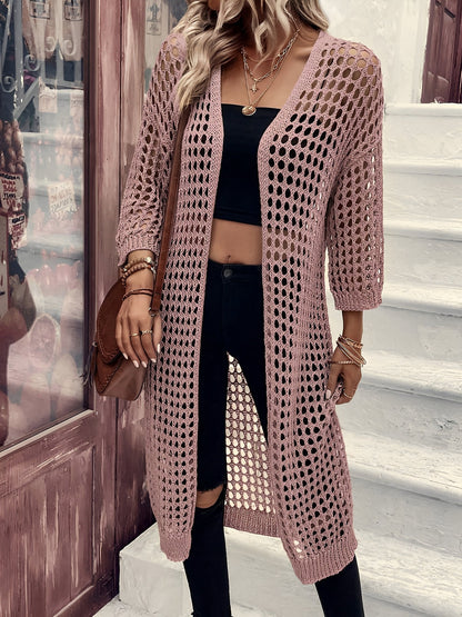 Hollow Knitted Mid-Length 3/4 Sleeves Open Front Jacket